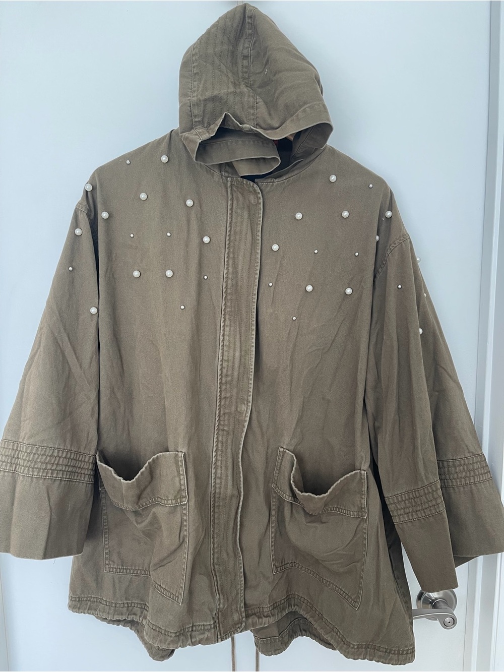 Zara Olive Green Hooded Utility Jacket with Pearl Accents